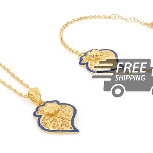 Portuguese Filigree SET Necklace + Bracelet Viana Heart with Blue Enamel Traditional Portugal, Sterling Silver with 24k Gold Bath