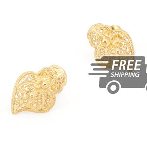 Portuguese Filigree EARRINGS Extra Small Viana Heart studs Traditional Portugal, 925 Sterling Silver with 24k Gold Bath