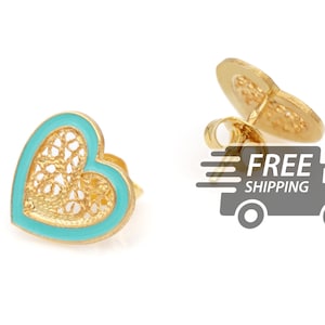 Portuguese Filigree EARRINGS *S Size* Turquoise Enamel Colorful Heart Viana Traditional Portugal, 925 Sterling Silver with 24k Gold Bath