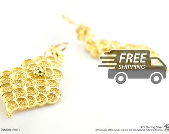 Portuguese Filigree Earrings: Scaly Viana Heart, Gold Plated 925 Sterling Silver