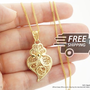 Portuguese Filigree PENDANT Small Viana Heart with Necklace Traditional Antique Portugal, 925 Sterling Silver with 24k Gold Bath