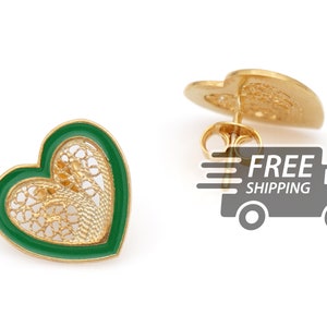 Portuguese Filigree EARRINGS *M Size* Green Enamel Colorful Heart Pushback Viana Traditional Portugal 925 Sterling Silver with 24k Gold Bath