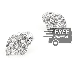 Portuguese Filigree EARRINGS Smaller Viana Heart studs Traditional Portugal, 925 Sterling Silver