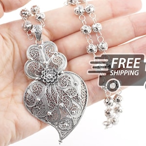 Portuguese Filigree NECKLACE Contas de Viana Beads w/ Large Viana Heart Traditional Portugal, 925 Sterling Silver
