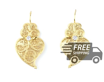 Orecchini in filigrana portoghese: Cuore Viana, Argento Sterling 925 placcato oro, Zirconi