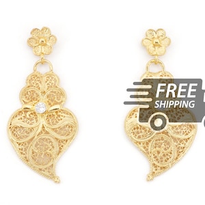 Portuguese Filigree Viana Heart & Zirconias EARRINGS Traditional Antique Portugal, 925 Sterling Silver w/ 24k Gold Bath
