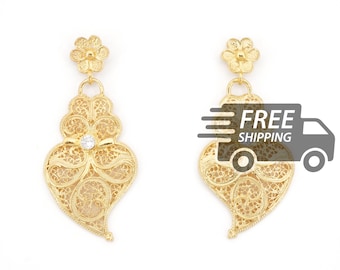Orecchini pendenti in filigrana portoghese: Cuore Viana, Argento sterling 925 placcato oro, Zirconi
