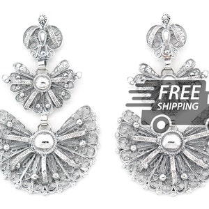 Portuguese Filigree EARRINGS Large Laças Viana Traditional Portugal, 925 Sterling Silver