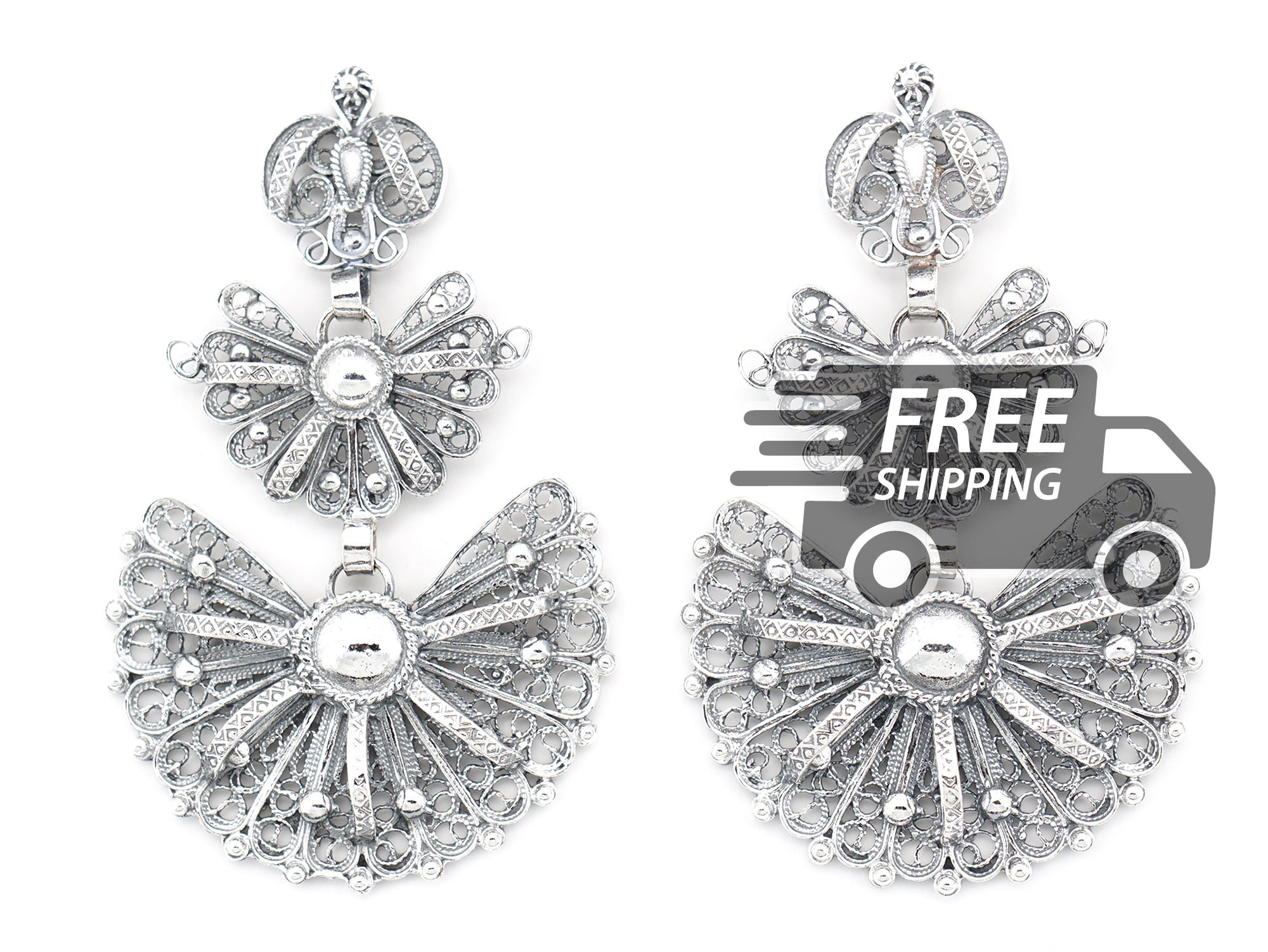 Portuguese Filigree EARRINGS Large Laças Viana Traditional Portugal, 925 Sterling Silver