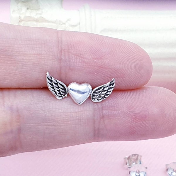 Heart with Wing Stud Earrings, 925 Sterling Silver, Fly Me Love Studs, Angle Heart Earrings, Gothic Earrings Stud, Biker Woman Earrings