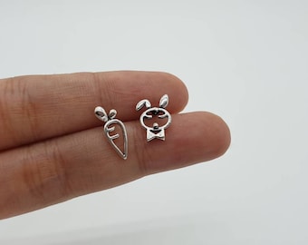 10 mm Carrot And Rabbit Silver Earrings, Kawaii Bunny Rabbit Stud Earrings, Cute Animal Studs, Carrot Earrings, Mismatched Earrings, Easter