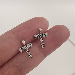 Cross Skull Silver Earrings, Punk Mini Skull Cross, Halloween Sterling Silver Earrings, Apostles Crucifix Studs for Women