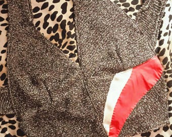 Made To Order 70's Glam Gun Metal Silver Glitter Cropped Halter Top With Red And Nude Leather Satin Detail