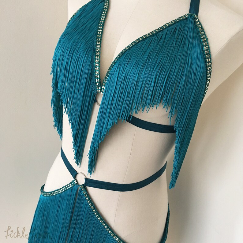 Fringe Belt Skirt Teal Turquoise Blue Burlesque Shimmy Fringe Cage Bra