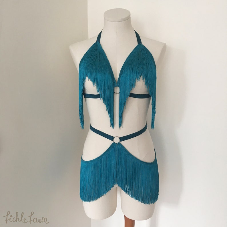 Fringe Belt Skirt Teal Turquoise Blue Burlesque Shimmy Fringe Cage Bra
