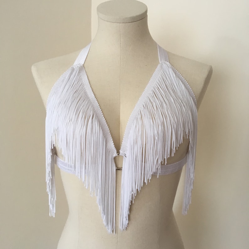 Fringe Belt Skirt White Burlesque Shimmy Fringe Cage Bra