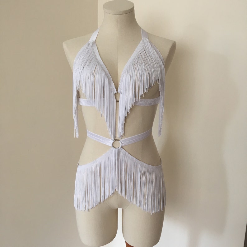 Fringe Belt Skirt White Burlesque Shimmy Fringe Cage Bra