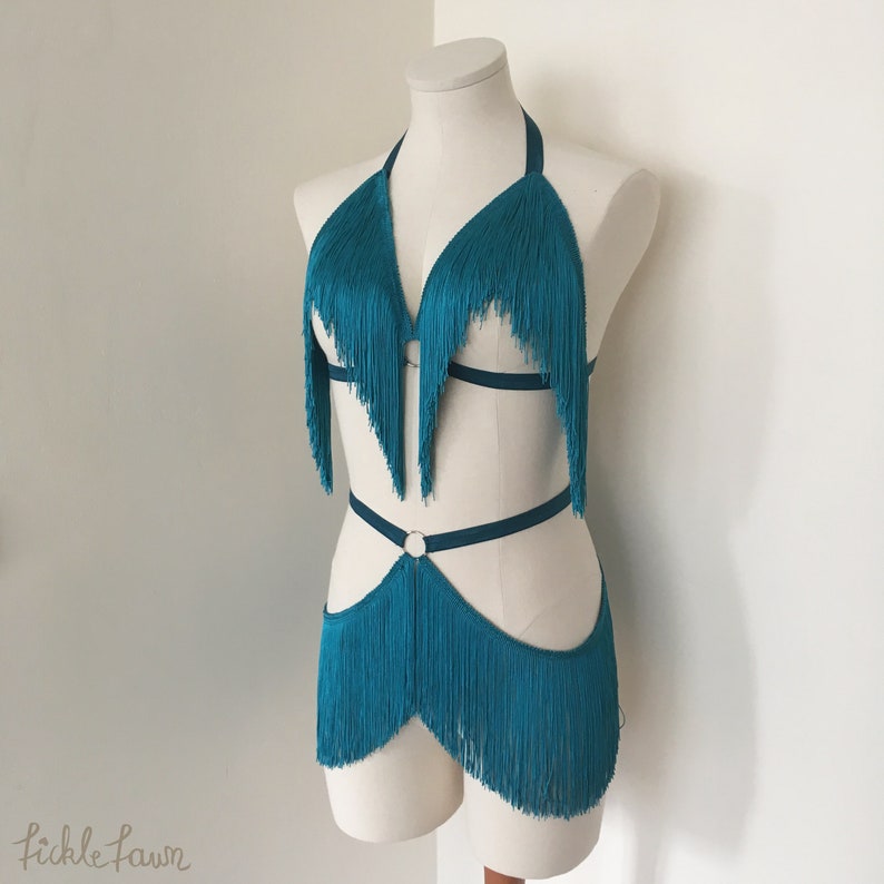 Fringe Belt Skirt Teal Turquoise Blue Burlesque Shimmy Fringe Cage Bra