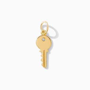 May include: A gold key charm pendant. The key has a round head with a small hole in the center and a serrated edge.