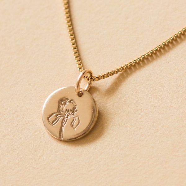 Iris February Birth Flower Necklace, 14k Gold Filled, .925 Sterling Silver, Rose Gold