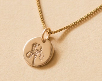 Iris February Birth Flower Necklace, 14k Gold Filled, .925 Sterling Silver, Rose Gold