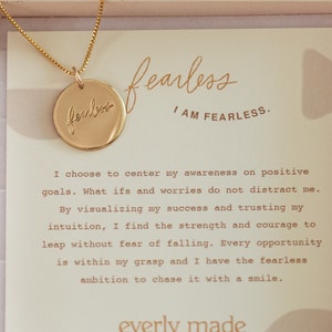 Fearless Necklace, disc necklace, affirmation necklace, pendant necklace, gold pendant necklace, mantra necklace, affirmation jewelry
