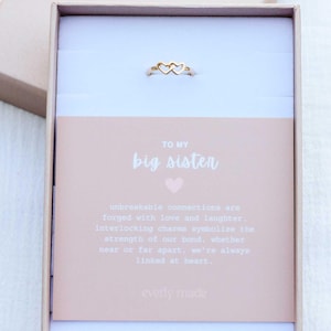 May include: A small gold ring with two interlocking hearts. The ring is in a white box with a pink card that reads "To my big sister" and a message about unbreakable connections. The card is signed "everly made".