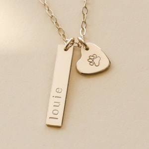May include: A silver necklace with a bar pendant engraved with the name "louie" and a heart charm with a paw print.