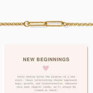 May include: A gold-coloured necklace featuring a chain and a rectangular link design. The necklace is presented with a card that reads "NEW BEGINNINGS" and a message about hope and transformation. The brand name "everly made" is also visible.
