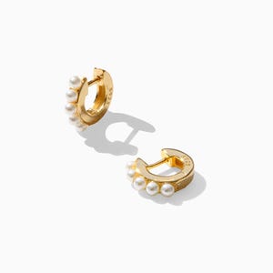 Gold hoop earrings, iridescent pearl earrings, small huggie earrings, pearl huggies, gold hoop earrings, small hoops, gold pearl earrings