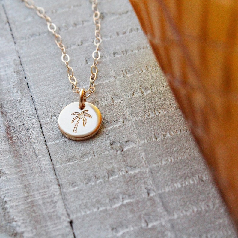 Pu&ograve; includere: Una collana d'oro con un piccolo ciondolo rotondo che presenta un design a forma di palma. Il ciondolo &egrave; su una catena delicata.