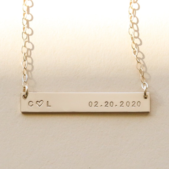 Gold bar necklace store with date