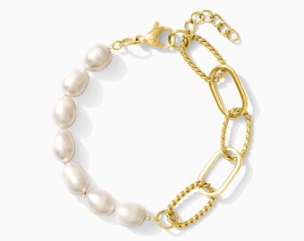 Modern Muse Pearl and Gold Link Chunky Bracelet, 18k Gold Pvd, Freshwater Pearls