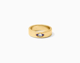 Collette Hammered Gold Evil Eye Ring, 18k Gold Plated, Cubic Zirconia