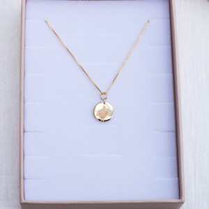 May include: A gold chain necklace with a round pendant featuring a delicate engraved design. The necklace is displayed in a white velvet-lined box.