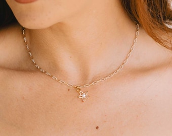 Everbloom Wire Flower Two Tone Paperclip Chain Necklace, 14k Gold Filled, .925 Sterling Silver, 18k Gold Plated, Freshwater Pearl