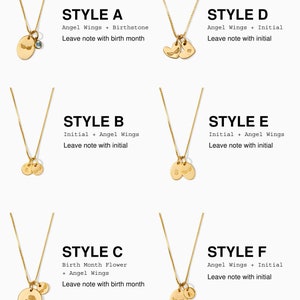May include: Six different styles of gold necklaces with charms. Each necklace features a different combination of angel wings, birthstones, initials, and birth month flowers. The necklaces are displayed on a white background.