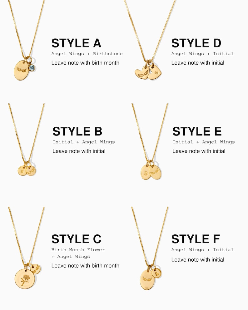 May include: Six different styles of gold necklaces with charms. Each necklace features a different combination of angel wings, birthstones, initials, and birth month flowers. The necklaces are displayed on a white background.