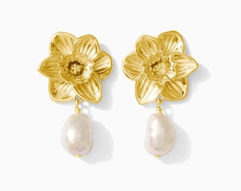 Pearl Bloom Gold Daffodil Earrings, 18k Gold Plated, Freshwater Pearls