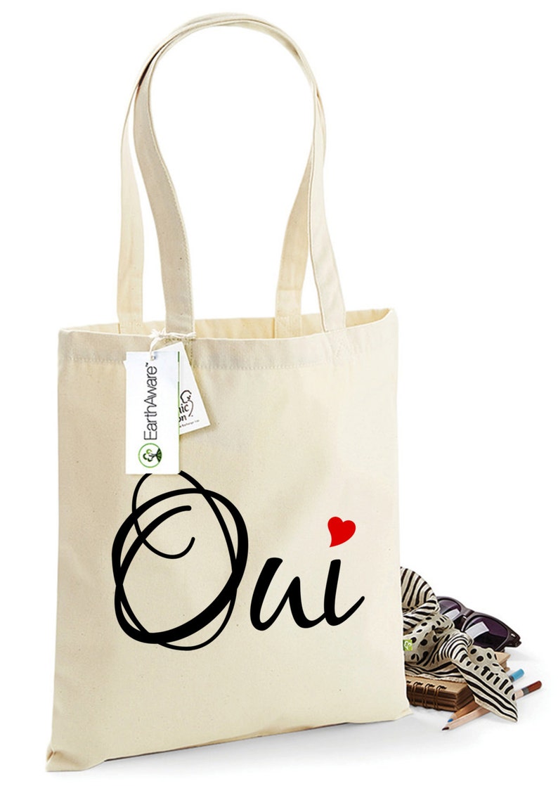 Cute French Tote Bag Oui & Heart French Word Art Organic | Etsy