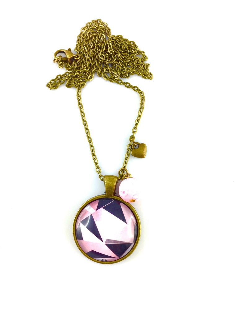 Long boho necklace geometry black white pink with heart and beaded pendant bronze