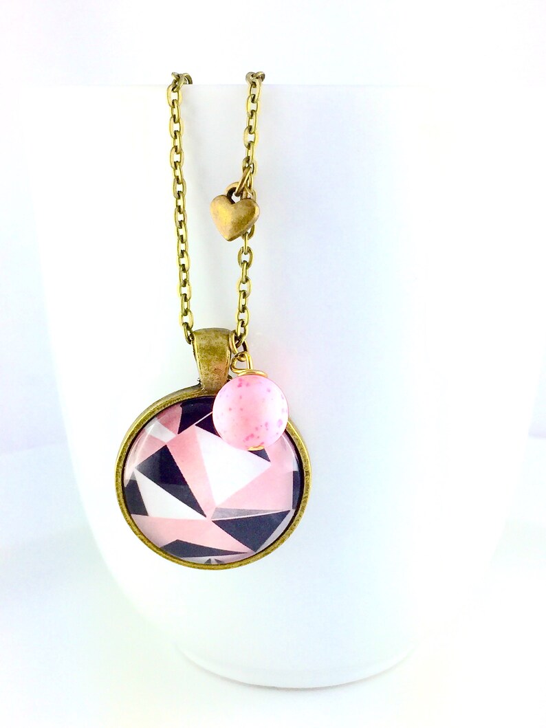 Long boho necklace geometry black white pink with heart and beaded pendant bronze