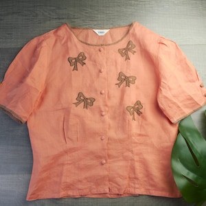 S-36&quot;, US4-6 | 90s Women Vintage Cute Blouse| Linen Blouse | Women&#39;s vintage clothing | Vintage Retro blouse