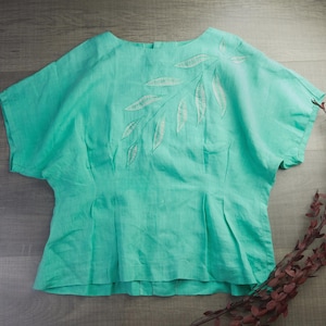 S-36&quot;, US 4-6  | 90s Women vintage batwing blouse| Green Linen vintage blouse | Women&#39;s vintage clothing