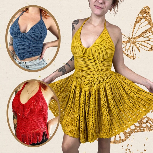 Patrón de ganchillo 3 en 1 para vestido y top Chrysalis // Top halter y falda skater para verano