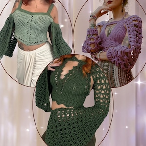 Puede incluir: Tres tops de crochet en diferentes colores y estilos. El primer top es verde con una manga ancha en forma de campana. El segundo top es morado con un diseño de encaje y una manga más corta. El tercer top es verde con un diseño de encaje y una manga ancha en forma de campana.