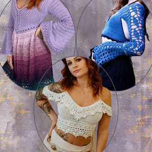 Fantasy Crochet Patterns #2 BUNDLE + SAVE! 4 Fairy/Renaissance Faire/Cosplay patterns - Hera 3-in-1, Alicent sleeves, Lotus & Wisteria tops