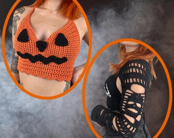 Spooky Halloween Crochet Patterns BUNDLE: Skull Sleeves Bolero and Jack-o-Lantern Bralette Crop Top