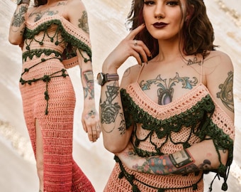 Gaia Dress Crochet PATTERN: Boho Floral Dress with Leaf Garland and Details