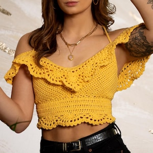 Aurora Top Crochet PATTERN || Elegant, lacy crop top with wrap around sleeve accent